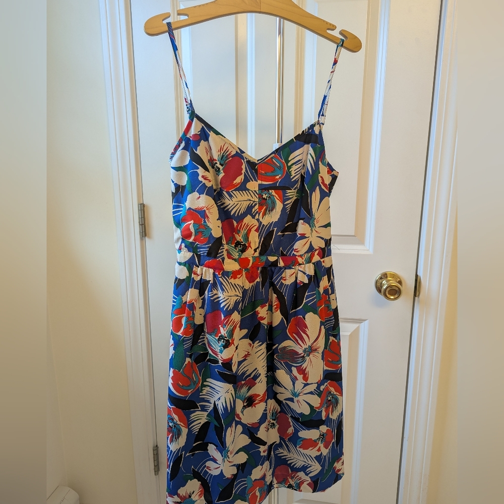 J. Crew Blue Tropical Floral Midi Dress with Red and Cream Accents